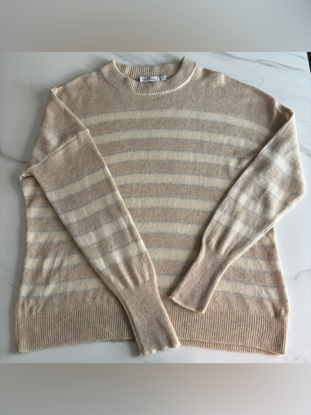 Vineyard wines Striped Crewneck Cashmere Sweater in Soft Beige and Cream Sz L